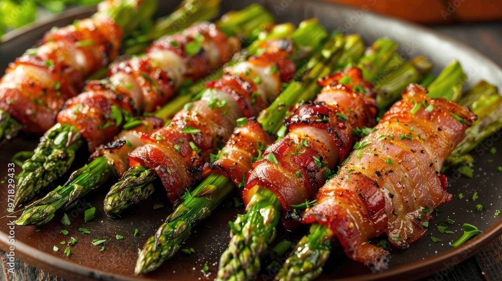 Asparagus spears wrapped in bacon. This image shows a plate of cooked asparagus spears wrapped in bacon, perfect for a healthy and delicious meal. Asparagus spears wrapped in bacon. This image shows a plate of cooked asparagus spears wrapped in bacon, perfect for a healthy and delicious meal.