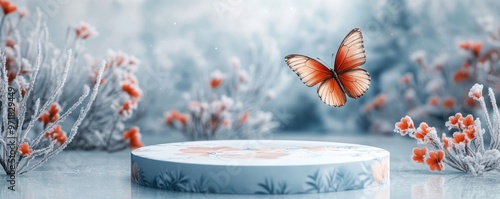 Elegant Butterfly Hovering Over a Decorative Platform in a Frosty Floral Landscape #971829449