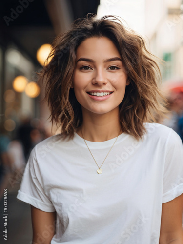 Confident Young Woman Smiling in Stylish T-Shirt