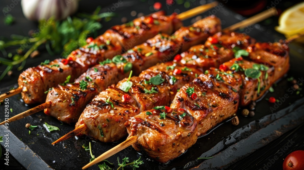 Grilled meat skewers with herbs. Perfect for a delicious and healthy meal. Grilled meat skewers with herbs. Perfect for a delicious and healthy meal.