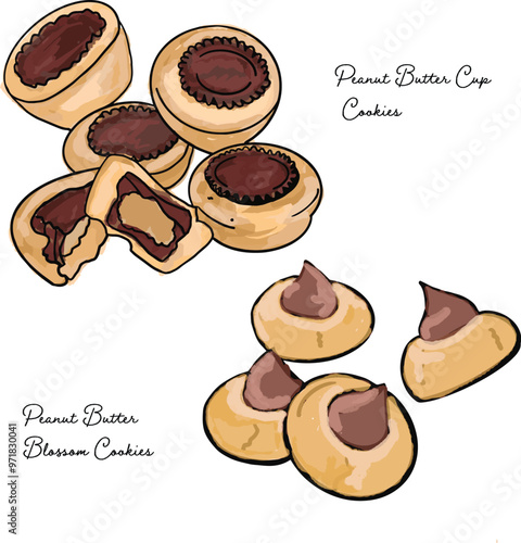 Peanut Butter Cup Cookies and Peanut Butter Blossom Cookies Bakery Illustration