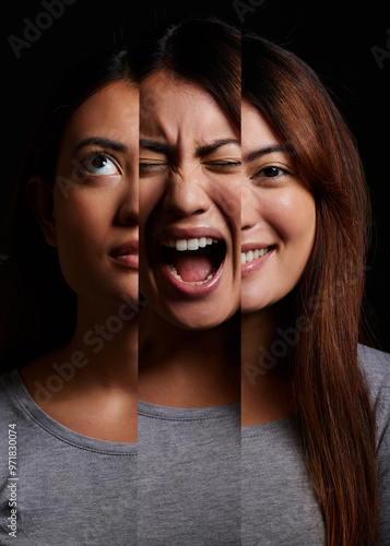 Photos Woman, bipolar and face with split personality for mental illness or disorder in studio on a black background