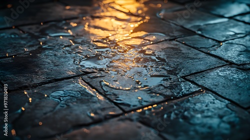 Close-up of water bubbling between cracked floor tiles, realistic style, cool tones, dramatic lighting, insurance claim scene showing early signs of flood damage photo