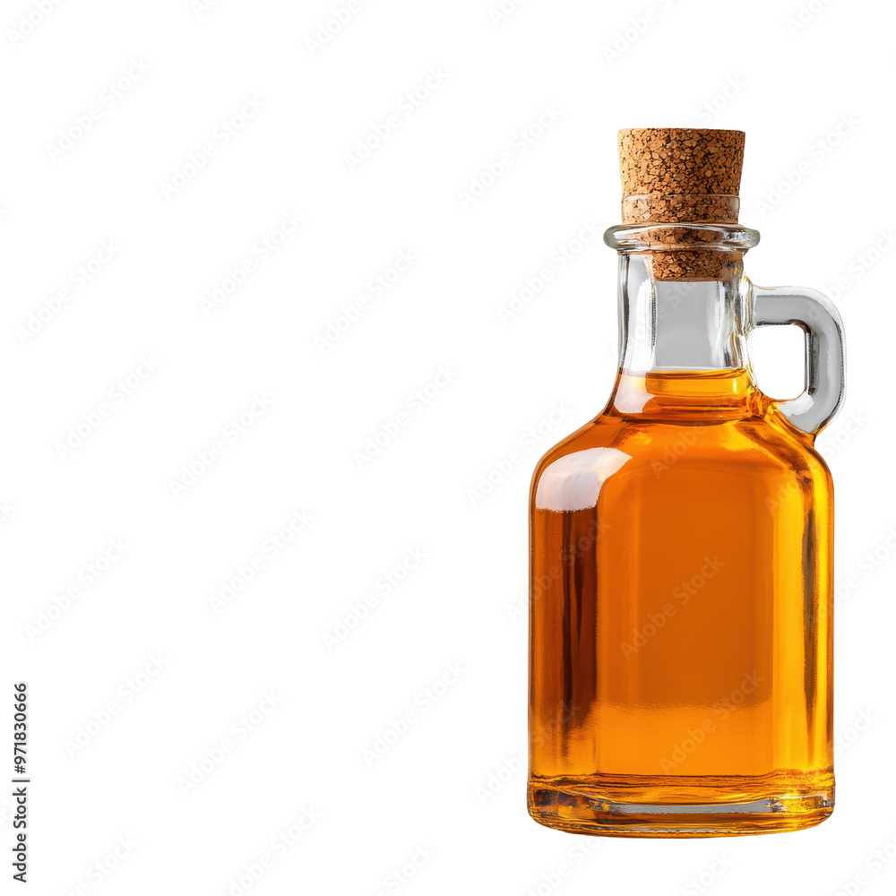 A clear glass bottle filled with golden liquid, featuring a cork stopper, perfect for culinary or decorative use. A clear glass bottle filled with golden liquid, featuring a cork stopper, perfect for culinary or decorative use.