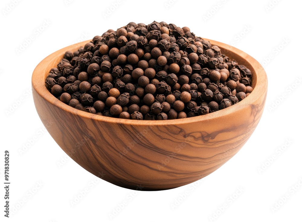 A close-up view of a wooden bowl filled with aromatic black peppercorns, perfect for culinary and food-related themes.