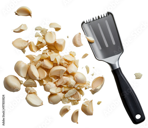 A close-up of chopped garlic cloves and a kitchen tool, perfect for cooking and culinary arts. photo