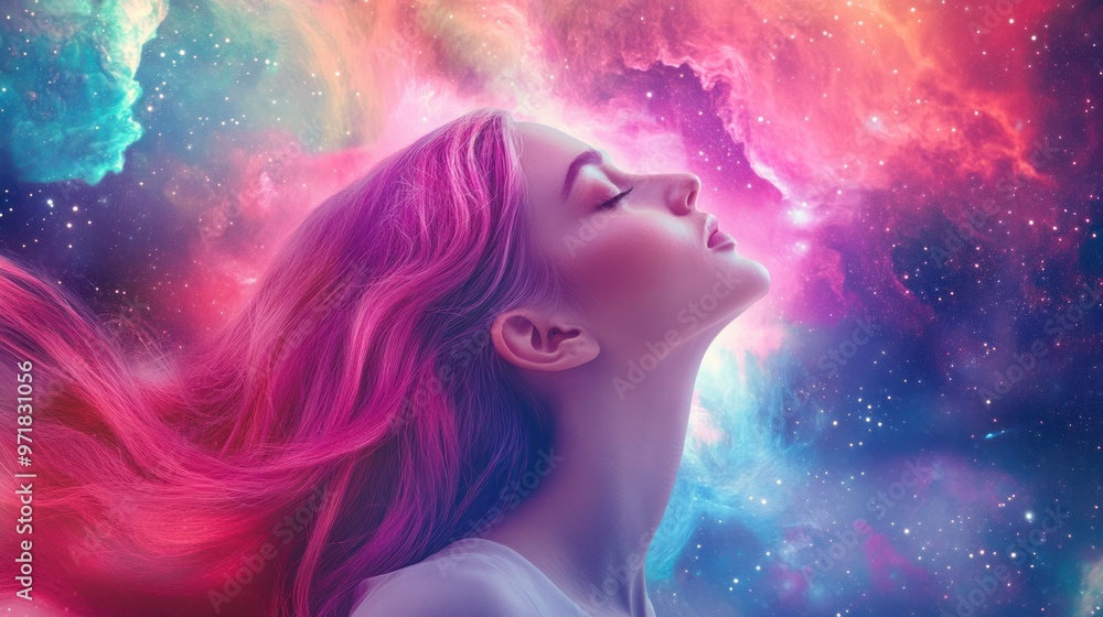 Woman with pink hair in front of a cosmic background Woman with pink hair in front of a cosmic background