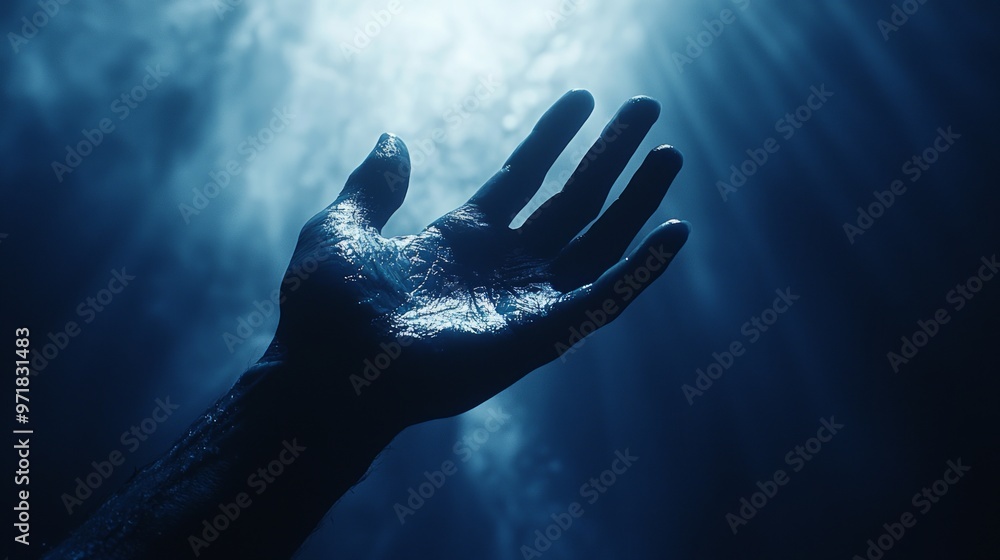Hand reaching out underwater with light streaming from above in a mysterious scene Hand reaching out underwater with light streaming from above in a mysterious scene