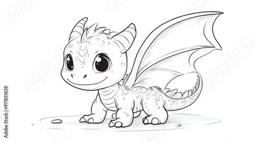 A black and white cartoon illustration of a cute baby dragon.