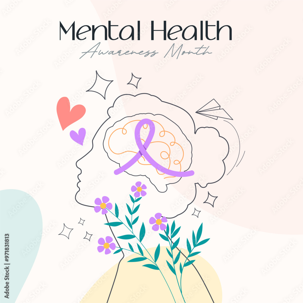 Mental Health Awareness Month. Take care of your body, take care of your health and mind. Increase awareness of mental health. Control and protection. Prevention campaign Mental Health Awareness Month. Take care of your body, take care of your health and mind. Increase awareness of mental health. Control and protection. Prevention campaign