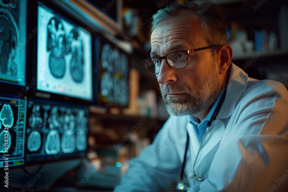 Neurology doctor analyzing brain scans in a medical office during evening hours Neurology doctor analyzing brain scans in a medical office during evening hours