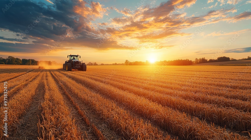 Tractor working in a golden wheat field during sunset Tractor working in a golden wheat field during sunset