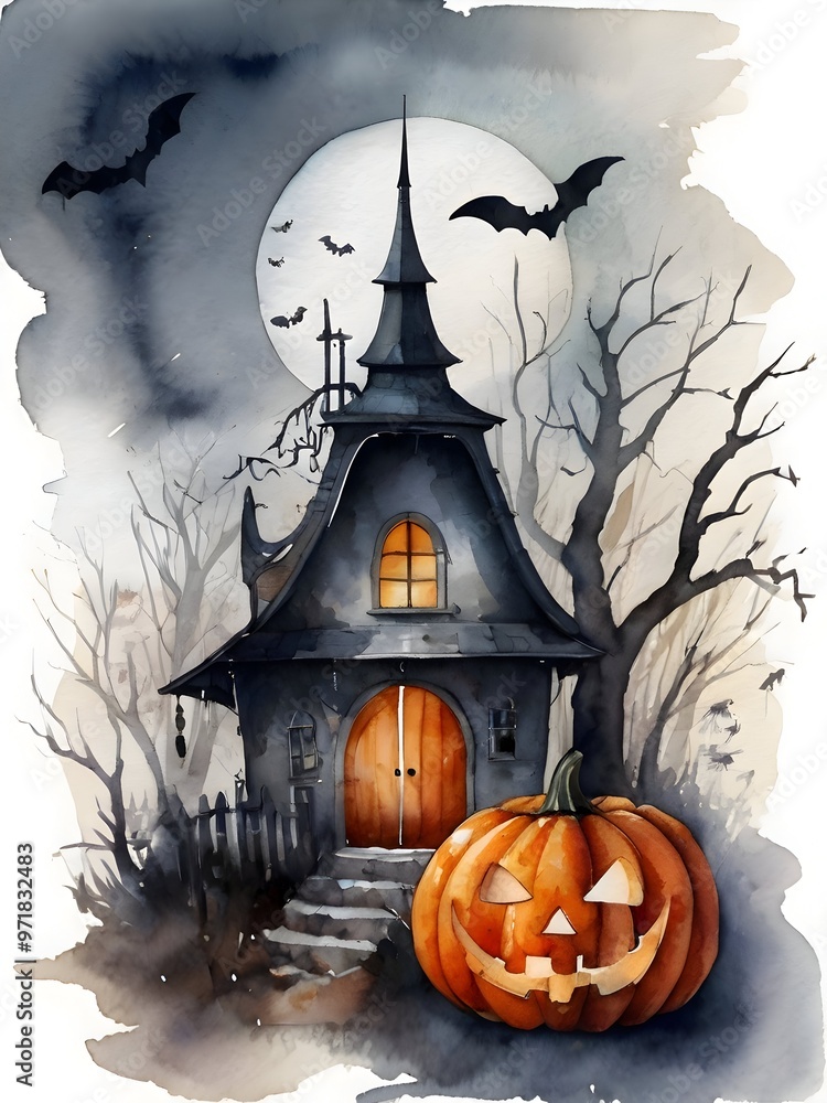 Fototapeta premium Watercolor Halloween Pumpkin Horror Illustration Art