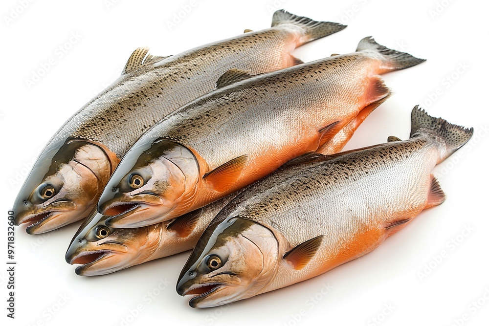 Freshly caught large salmon fish arranged neatly against a clean white backdrop in a well-lit setting Freshly caught large salmon fish arranged neatly against a clean white backdrop in a well-lit setting