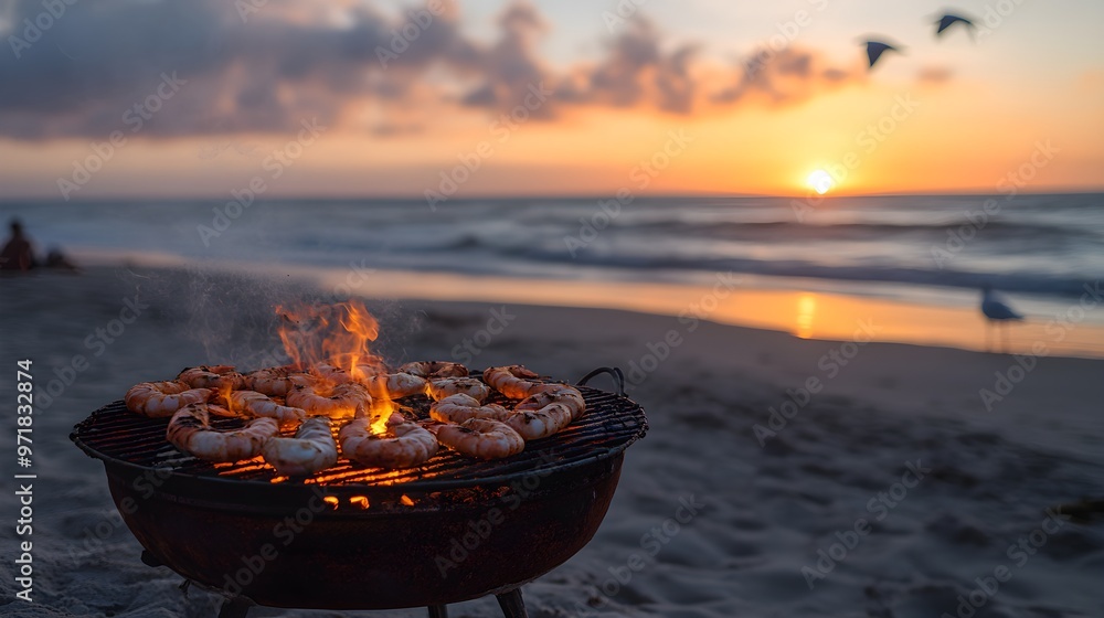 A tranquil beach at dusk, seafood grilling with aromatic smoke, seagulls hovering above as the sun sets, casting long shadows on the sand A tranquil beach at dusk, seafood grilling with aromatic smoke, seagulls hovering above as the sun sets, casting long shadows on the sand