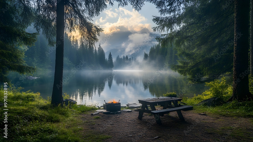 Obraz premium A tranquil camping spot by the river, fresh fish grilling, smoke rising into the tall pines overhead, capturing the quiet beauty of outdoor life