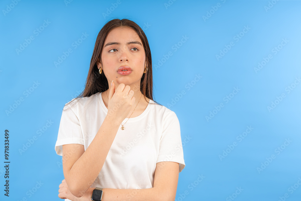 Young woman touching chin looking away thinking on blue background Young woman touching chin looking away thinking on blue background