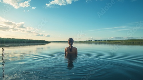 Woman swimming alone in a calm lake under a clear sky photo