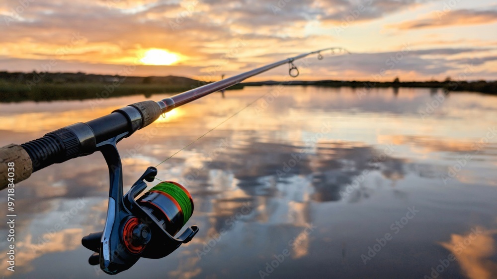 Hand holding fishing rod and reel, sunset fishing at Corrib river at Galway, Ireland, spinning, angling, catch and release, sport and leisure, nature background