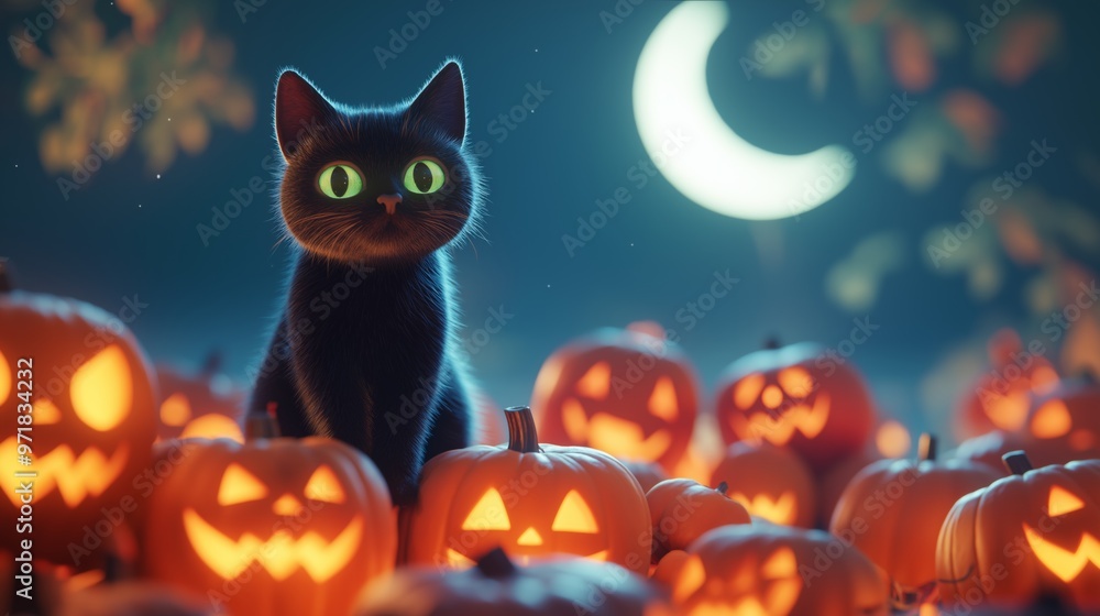 A black cat with glowing green eyes sits among carved pumpkins under a crescent moon on a crisp autumn night. A black cat with glowing green eyes sits among carved pumpkins under a crescent moon on a crisp autumn night.