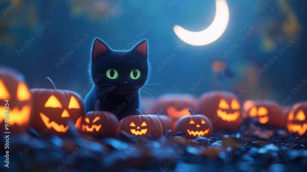 A black cat with glowing eyes among carved pumpkins under a moonlit sky on a cool autumn night. A black cat with glowing eyes among carved pumpkins under a moonlit sky on a cool autumn night.