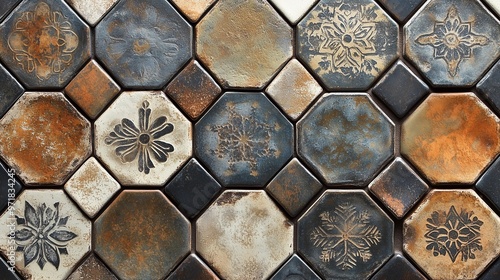 Hexagonal tiles with intricate designs in earthy tones background