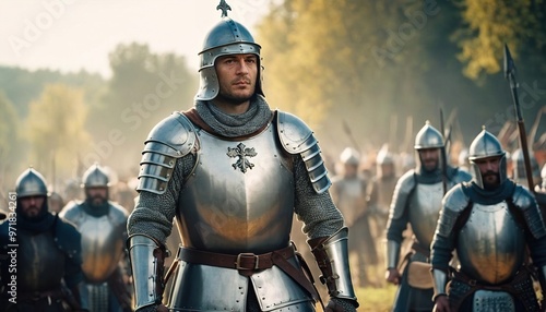 Knight in shining armor stands ready for battle surrounded by fellow soldiers on a historical battlefield