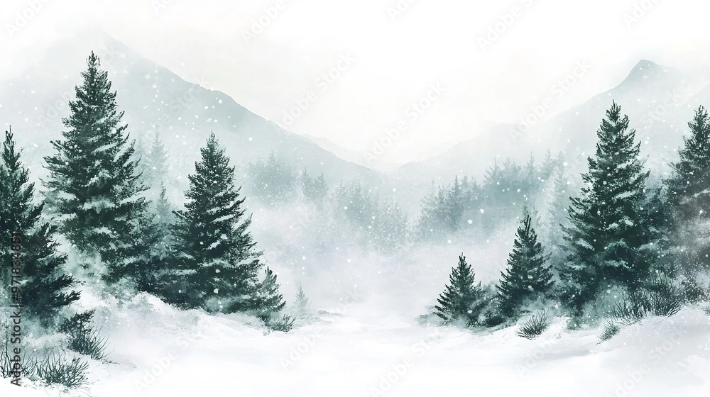 Christmas Invitation with Watercolor Pine Trees and Snowy Landscape Christmas Invitation with Watercolor Pine Trees and Snowy Landscape
