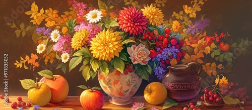 Wallpaper Mural Autumn still life featuring a vibrant bouquet of garden flowers in a vase with apples and berries arranged on a wooden table including colorful dahlias and chrysanthemums Torontodigital.ca