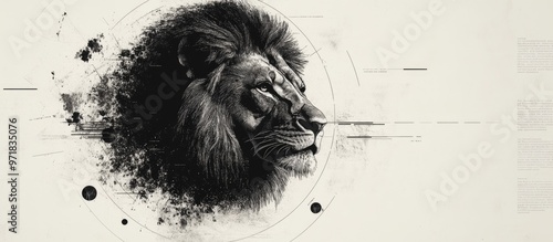 Artwork featuring a lion design surrounded by circles and text on a clean white backdrop photo