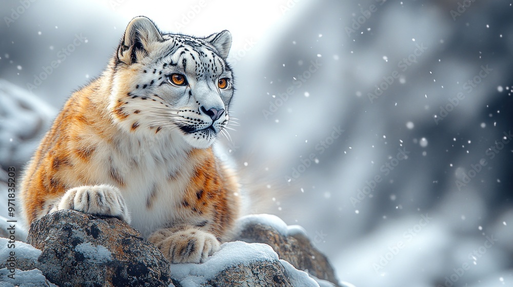 A snow leopard resting on rocky terrain amidst falling snow. A snow leopard resting on rocky terrain amidst falling snow.