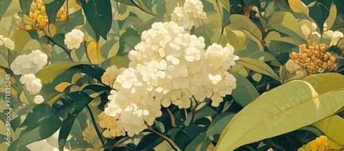 Painting of blooming Peltophorum pterocarpum flowers photo