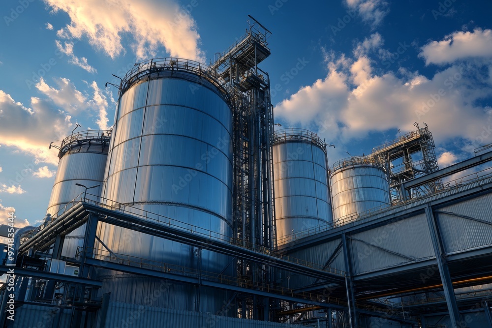 Industrial design of a refinery silo exploring factory architecture and structural elements Industrial design of a refinery silo exploring factory architecture and structural elements