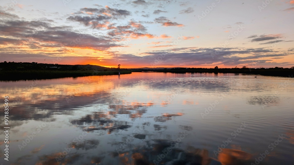 Beautiful sunset landscaper scenery, sky reflected in Corrib river at Galway, Ireland, nature background, wallpaper