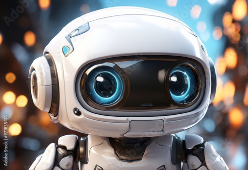 Friendly humanoid robot with large expressive eyes in a modern tech environment