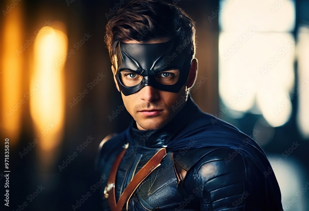 A superhero clad in dark armor poses confidently in a dimly lit urban environment during the evening A superhero clad in dark armor poses confidently in a dimly lit urban environment during the evening