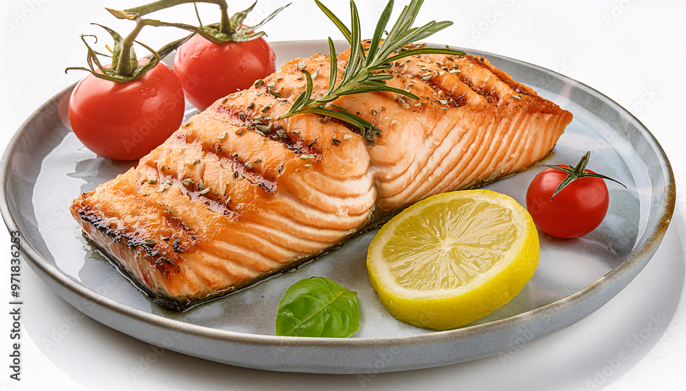 Grilled salmon on a plate with lemon and tomatoes. Generative AI Grilled salmon on a plate with lemon and tomatoes. Generative AI