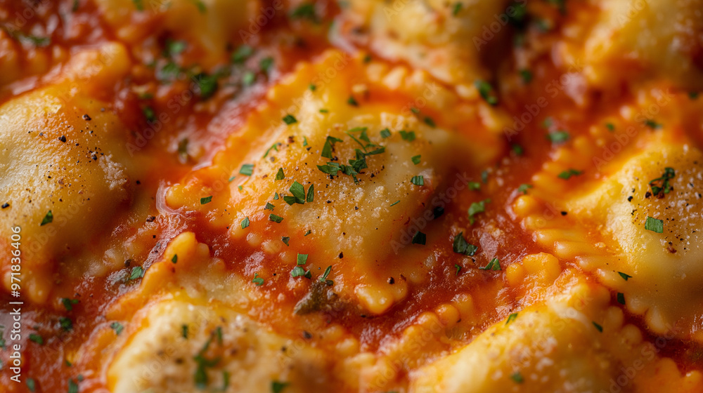 a close-up, top-down view of lobster ravioli in creamy tomato sauce, filling the entire frame with the focus on the pasta's intricate details a close-up, top-down view of lobster ravioli in creamy tomato sauce, filling the entire frame with the focus on the pasta's intricate details