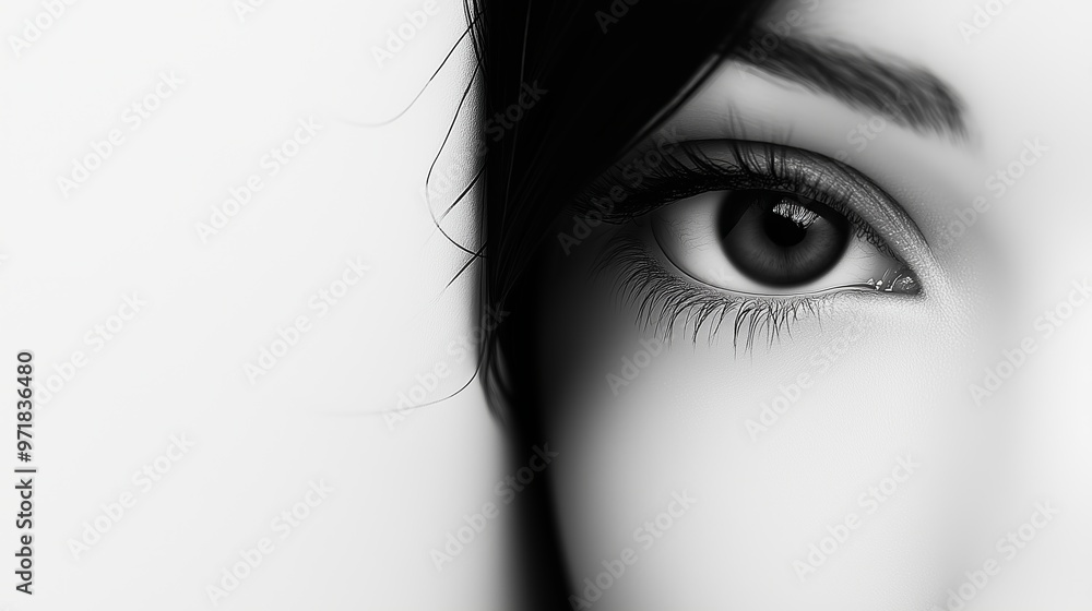Fototapeta premium A portrait of a women with curious eyes looking and peeking from the side through a cut out white background. Minimalist modern style photographed banner background with free space. Generative AI