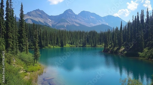 Blue Lake Nestled Among Mountains and Forests 