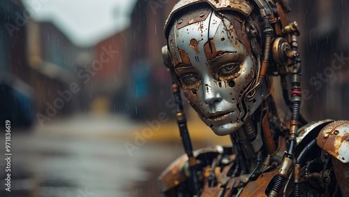 A futuristic robot warrior stands tall in a rain-soaked urban alley, reflecting the resilience of technology amidst a dystopian backdrop photo