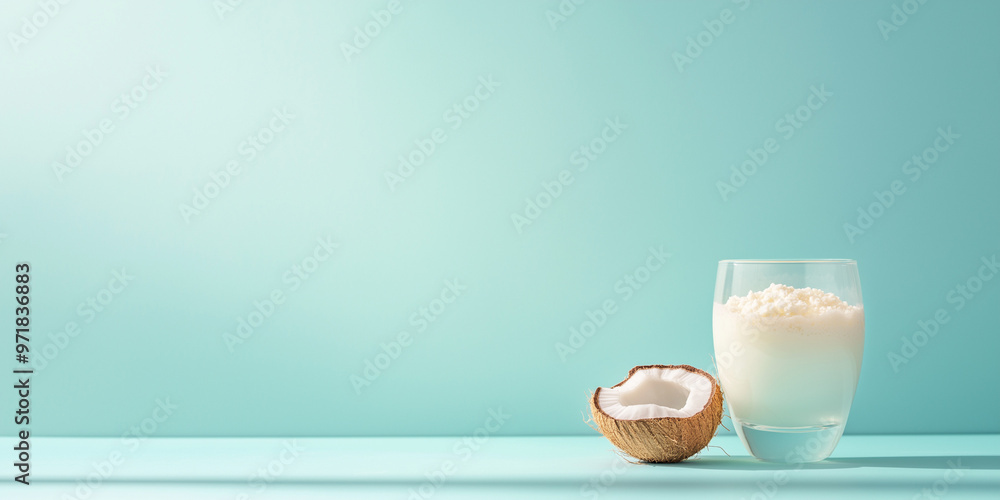 a frothy glass of coconut milk with a cracked coconut against an isolated pastel blue background a frothy glass of coconut milk with a cracked coconut against an isolated pastel blue background