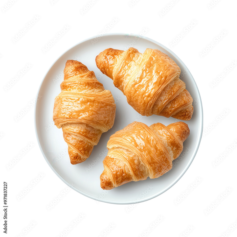 Freshly baked buttery croissants arranged on a white plate isolated on a white background, transparent background. Freshly baked buttery croissants arranged on a white plate isolated on a white background, transparent background.