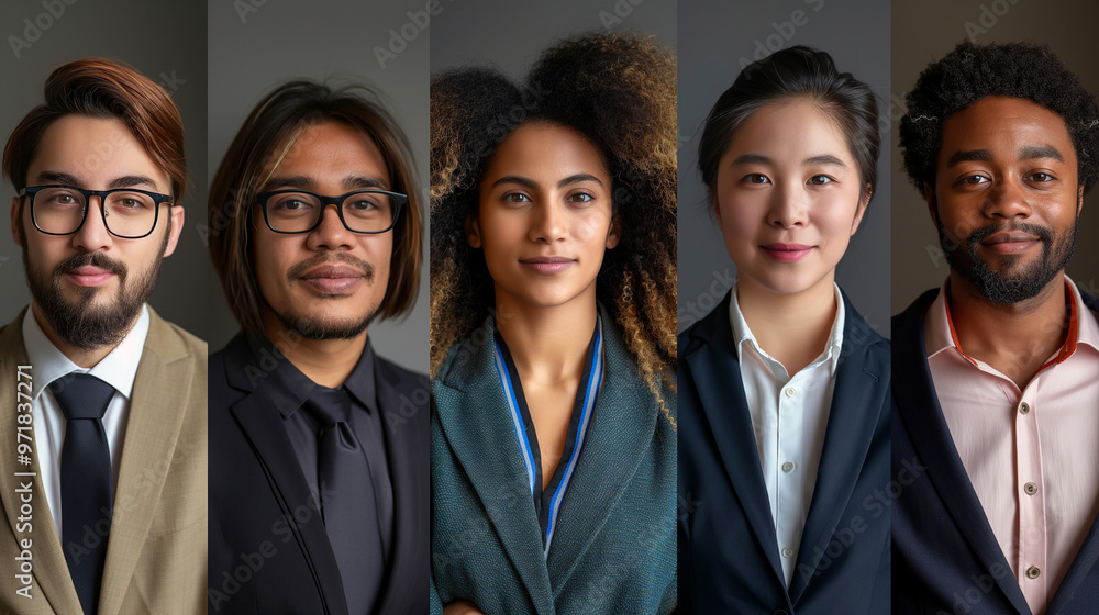 Collage of portraits of an ethnically diverse and mixed age group of focused business professionals. Generative AI Collage of portraits of an ethnically diverse and mixed age group of focused business professionals. Generative AI