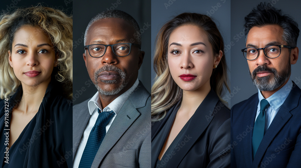 Collage of portraits of an ethnically diverse and mixed age group of focused business professionals. Generative AI Collage of portraits of an ethnically diverse and mixed age group of focused business professionals. Generative AI