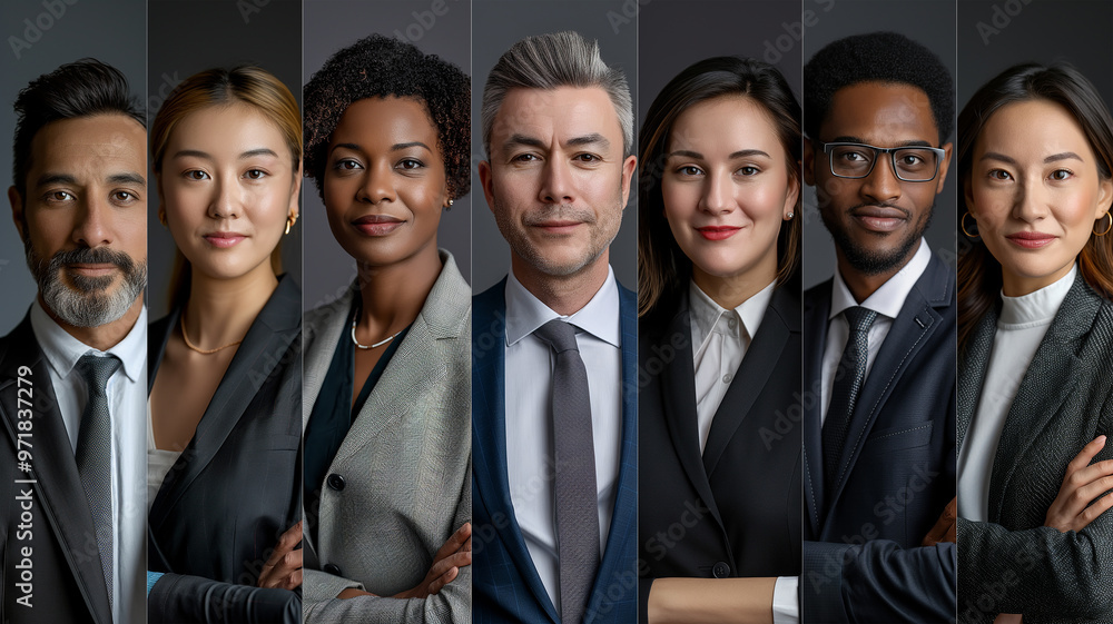Collage of portraits of an ethnically diverse and mixed age group of focused business professionals. Generative AI Collage of portraits of an ethnically diverse and mixed age group of focused business professionals. Generative AI