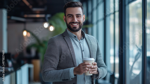 Empresário confiante segurando uma xícara de café no escritório photo