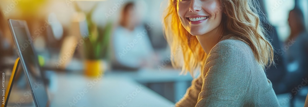 Fototapeta premium Woman smiling at her desk in a modern office environment with warm lighting