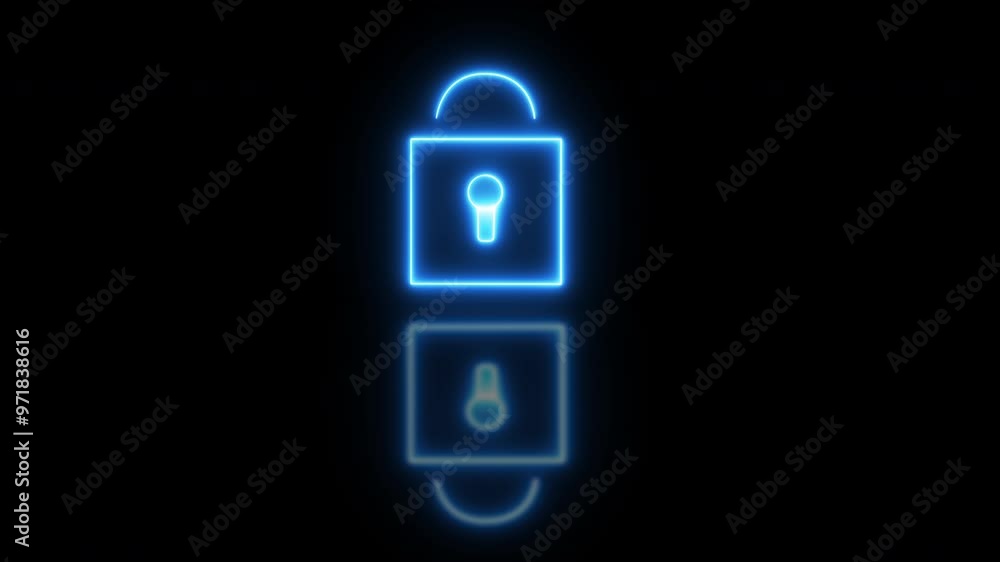 Neon lights, lock and cyber security with protection for data, server and encryption on dark studio background. Empty, icon and symbol for safety for information, digital footprint space and software Neon lights, lock and cyber security with protection for data, server and encryption on dark studio background. Empty, icon and symbol for safety for information, digital footprint space and software