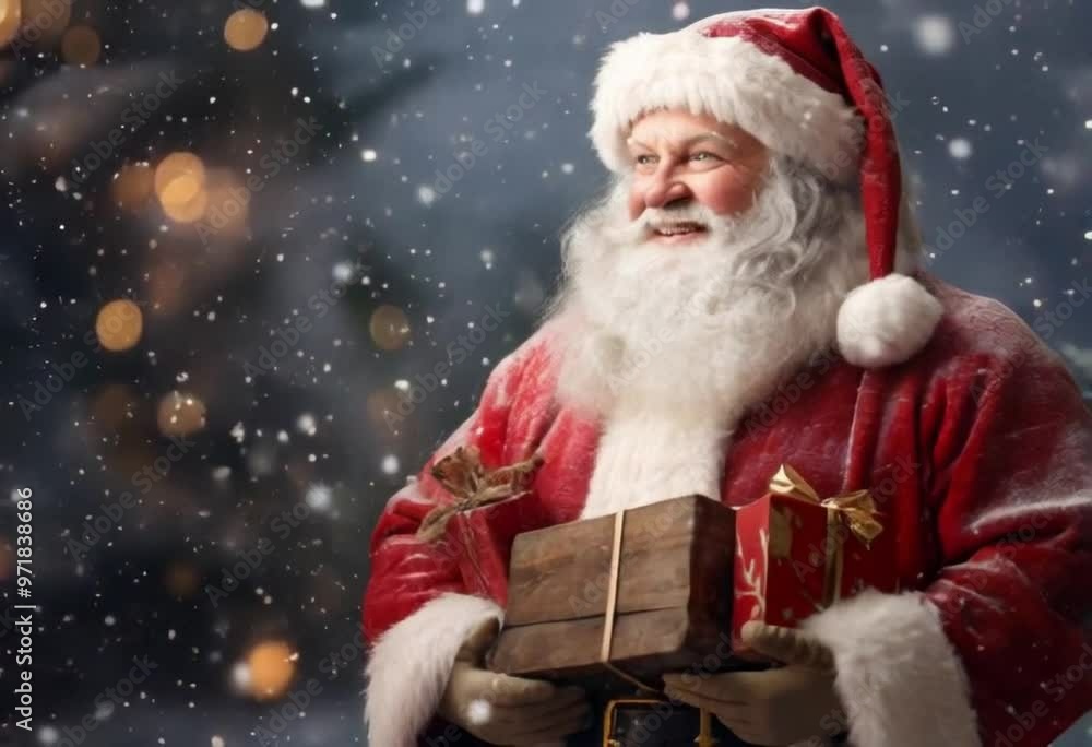santa claus with gift snowing scene santa claus with gift snowing scene